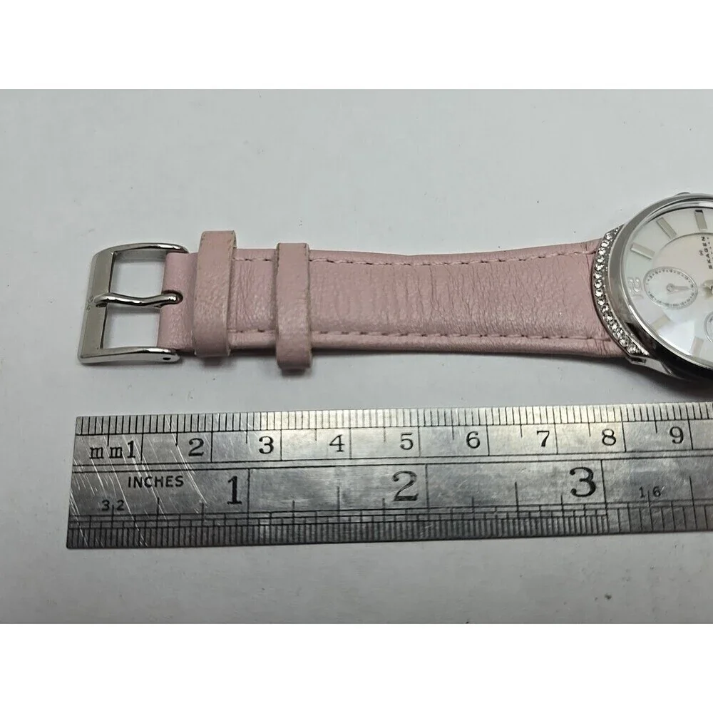 Skagen 586SSLP Womens Day Date Watch MOP Crystal Bezel Pink Leather New Battery